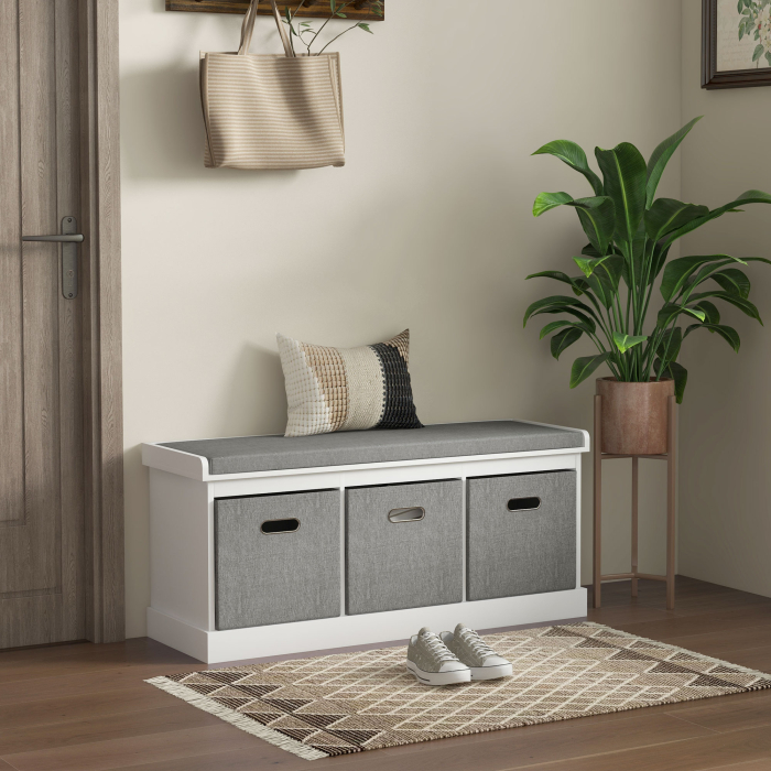  Pantofar tip Bancuţa cu 3 Sertare si Şezut din Lemn, 105x35x47 cm, Alb [2]