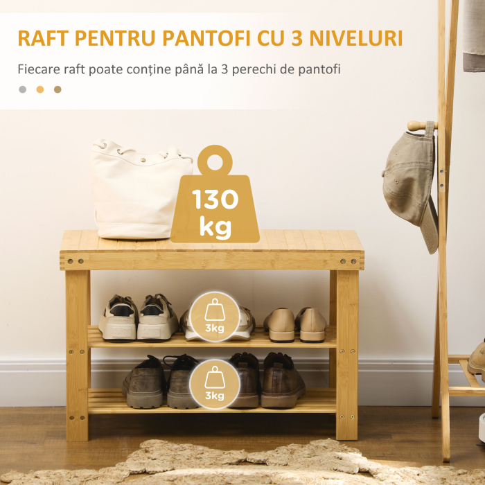  Pantofar tip Bancuta pentru Hol cu 3 Niveluri, 70x28x45 cm, Lemn natural [4]