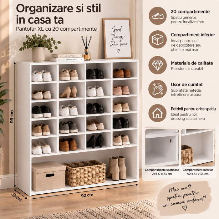 Pantofar XL cu compartimente individuale pentru organizarea a pana la 20 perechi de pantofi, compartiment inferior spatios pentru incaltaminte volumin [5]