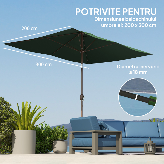  Panza de Schimb pentru Umbrela Dreptunghiulara 3x2 m cu 6 Spite, Poliester Anti-UV 50+, Verde [5]