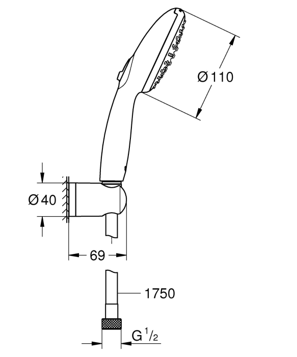 Para dus Grohe 279502431, 100 mm, 1.75 m, 230 mm, 2 functii, 1/2 racord, sistem anticalcar, universal, Negru [10]