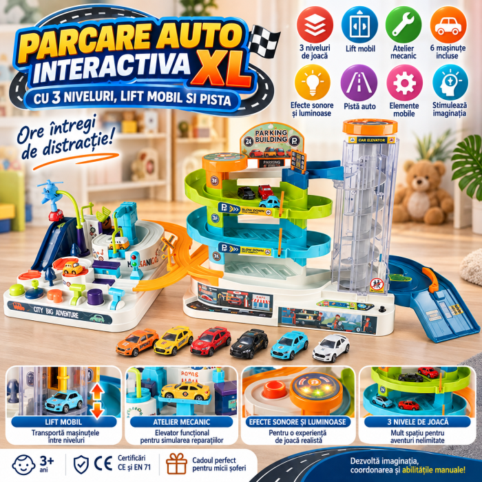 Parcare auto interactiva XL pentru copii 3 ani+, cu 3 niveluri, lift mobil pentru masinute, atelier mecanic cu elevator functional, pista auto, 6 masi [2]