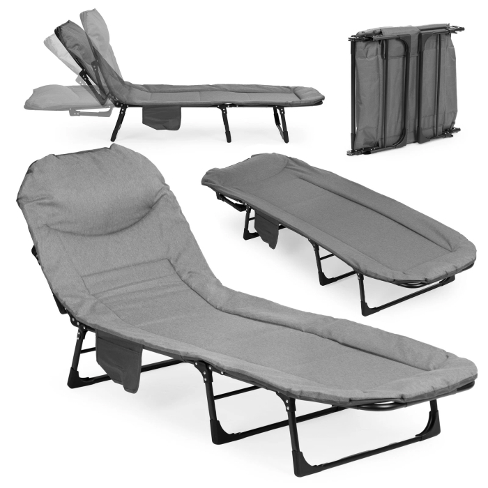 Pat camping pliabil tip sezlong, cu tetiera reglabila si buzunar lateral, maxim 120 kg, 65x200x88 cm, gri [2]