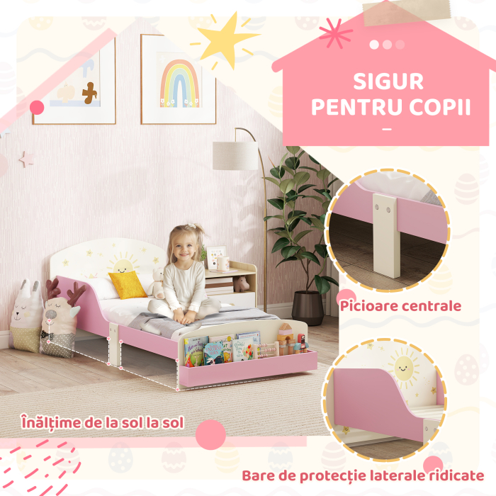  Pat copii mic, cadru cu design stele si spatiu de depozitare, roz [4]