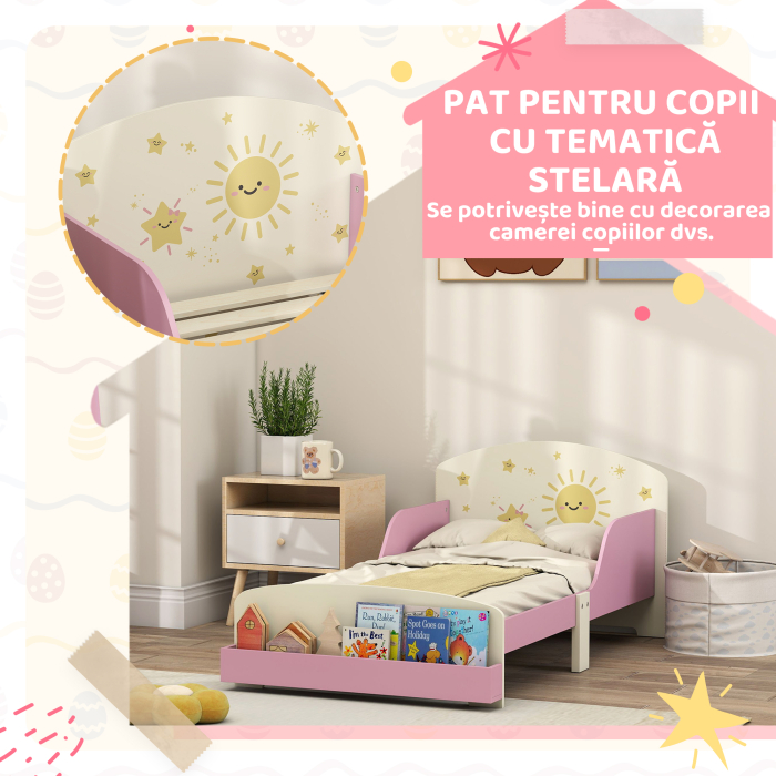  Pat copii mic, cadru cu design stele si spatiu de depozitare, roz [5]