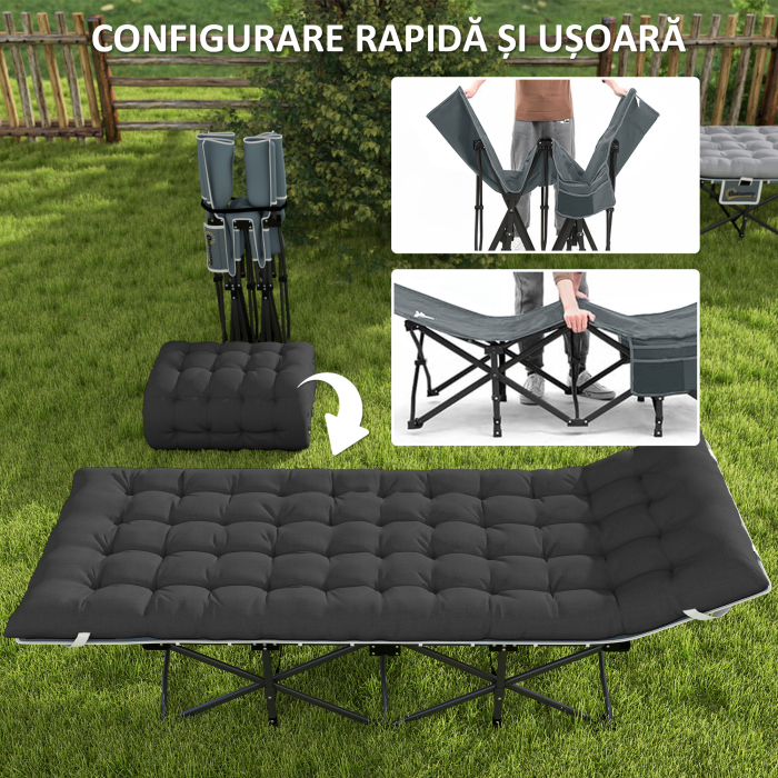  Pat de Camping Pliabil cu Suport pentru Cap inclinat si Saltea Detasabila, 196x68x37 cm, Negru [7]