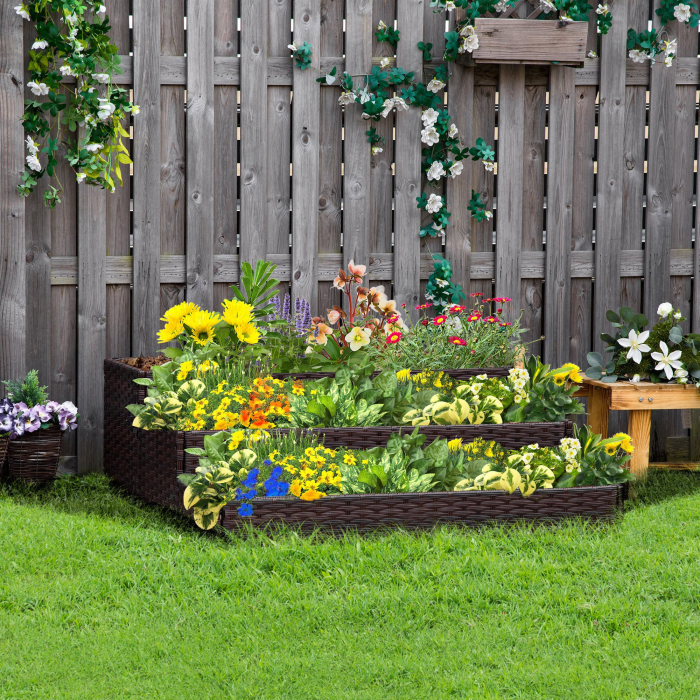  Pat de gradina inaltat cu 3 niveluri din ratan sintetic fara fund pentru plante si legume, 120x120x40cm, gri [2]
