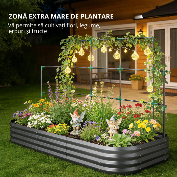  Pat de Gradina inaltat din Metal cu Grilaj, Suport pentru Plante Cataratoare, Flori si Legume, 220x110x150 cm, Gri inchis [8]