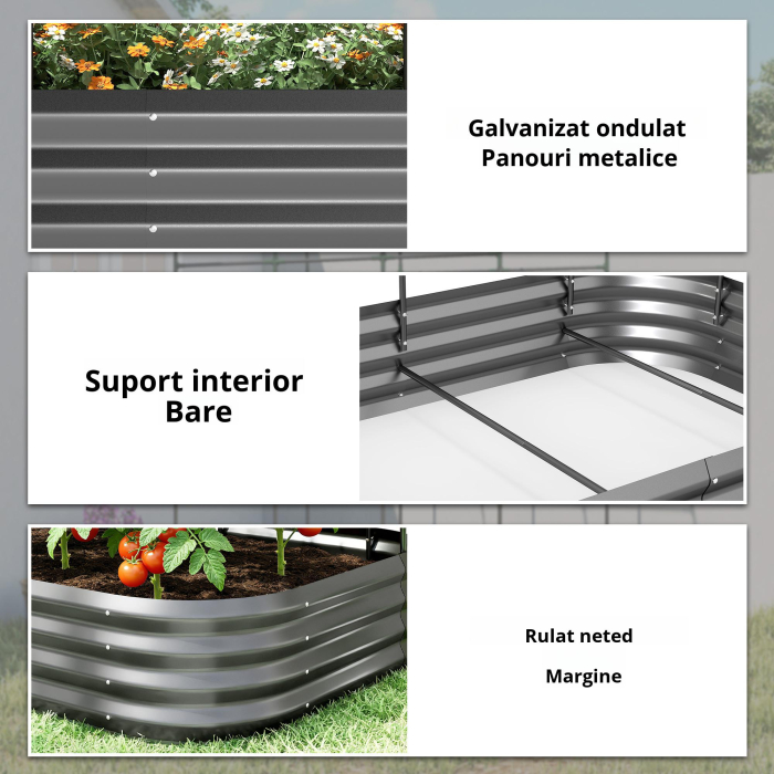  Pat de Gradina inaltat din Metal cu Grilaj, Suport pentru Plante Cataratoare, Flori si Legume, 220x110x150 cm, Gri inchis [6]