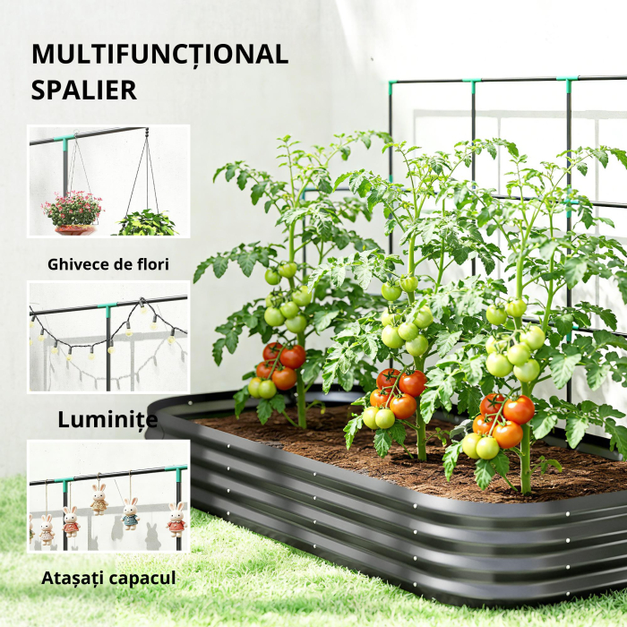  Pat de Gradina inaltat din Metal cu Grilaj, Suport pentru Plante Cataratoare, Flori si Legume, 220x110x150 cm, Gri inchis [7]