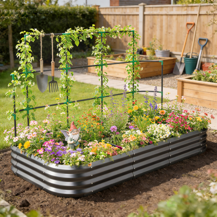  Pat de Gradina inaltat din Metal cu Grilaj, Suport pentru Plante Cataratoare, Flori si Legume, 220x110x150 cm, Gri inchis [5]