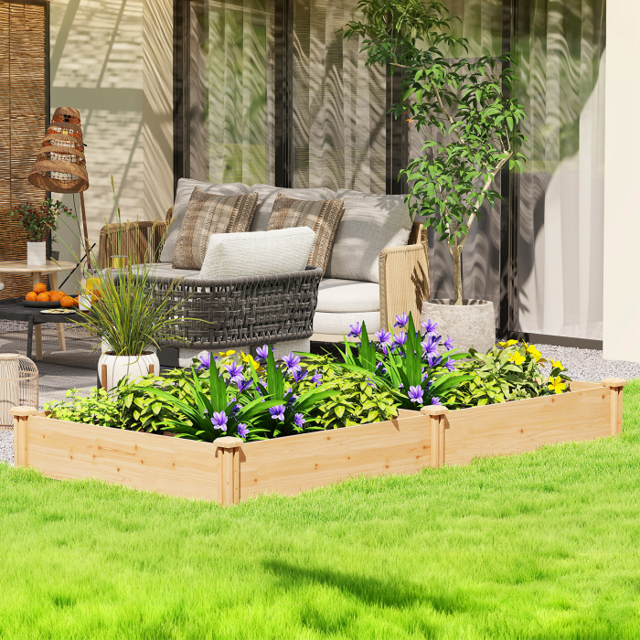  Pat de Gradina Ridicat de Exterior cu Separator Central si Baza Deschisa, Jardiniera din Lemn de Brad, pentru Flori, Legume, Balcon, Gradina, 235x121x26 cm, Culoare Lemn [2]