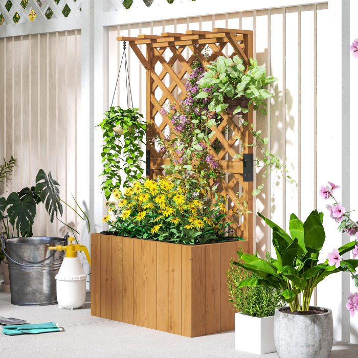  Pat de Gradina Ridicat din Lemn cu Spalier si Pergola 64x33x122 cm [7]