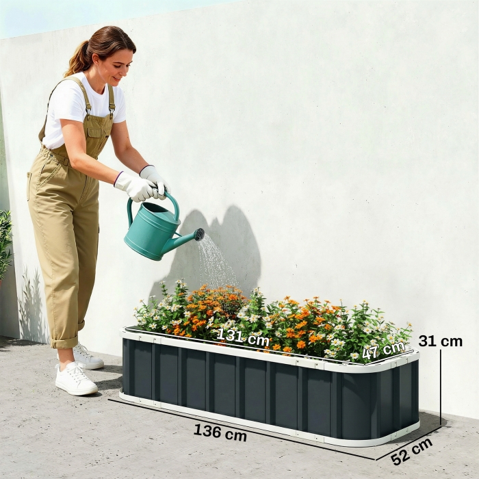  Pat de Gradina Ridicat pentru Exterior cu Baza Deschisa, Manusi, Margini Pliate, Jardiniera din Otel Galvanizat, pentru Plante, Flori, Legume, Balcon Gradina, 136x52x31 cm, Gri inchis [3]