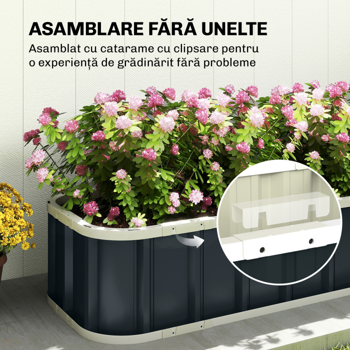  Pat de Gradina Ridicat pentru Exterior cu Baza Deschisa, Manusi, Margini Pliate, Jardiniera din Otel Galvanizat, pentru Plante, Flori, Legume, Balcon Gradina, 136x52x31 cm, Gri inchis [5]