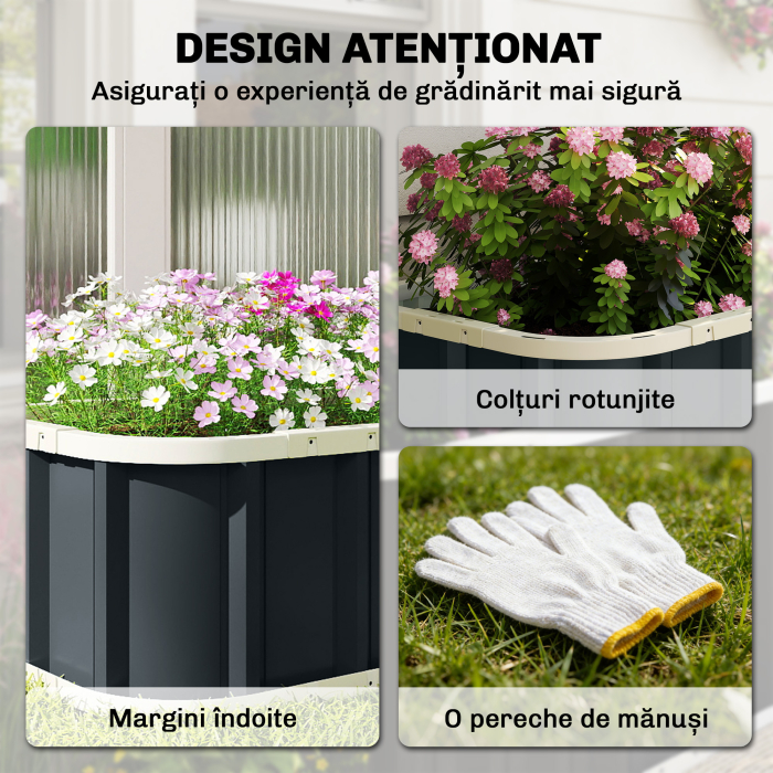  Pat de Gradina Ridicat pentru Exterior cu Baza Deschisa, Manusi, Margini Pliate, Jardiniera din Otel Galvanizat, pentru Plante, Flori, Legume, Balcon Gradina, 136x52x31 cm, Gri inchis [4]