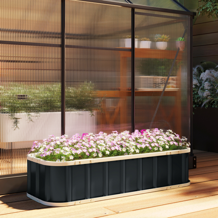  Pat de Gradina Ridicat pentru Exterior cu Baza Deschisa, Manusi, Margini Pliate, Jardiniera din Otel Galvanizat, pentru Plante, Flori, Legume, Balcon Gradina, 136x52x31 cm, Gri inchis [8]
