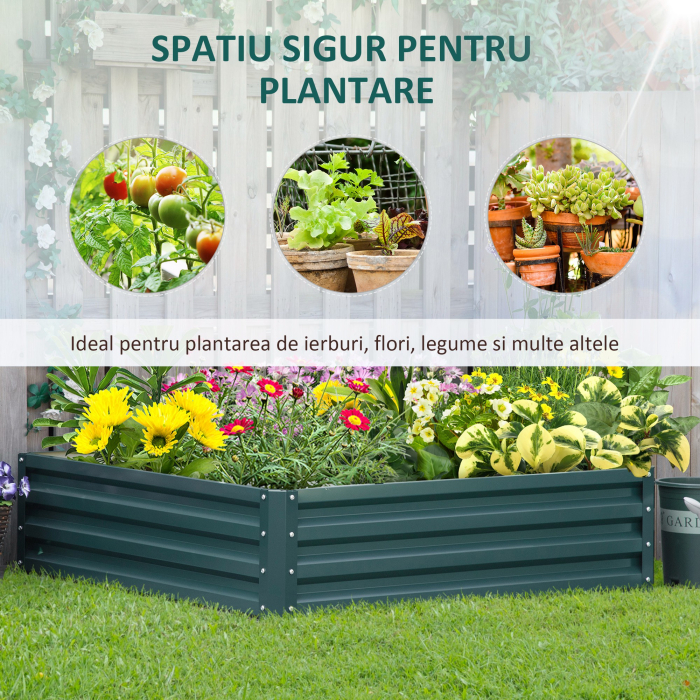  Pat de Gradina Suprainaltat 120x120x30cm Galvanizat, Pat Suprainaltat pentru Plante cu Cadru din Otel pentru Legume, Flori, Plante si Ierburi, Verde [4]