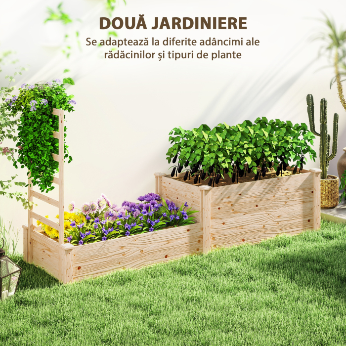  Pat inaltat pentru Gradina cu Grilaj, Baza Deschisa si 2 Despartitoare, 222x63x132 cm, Lemn Natural [4]