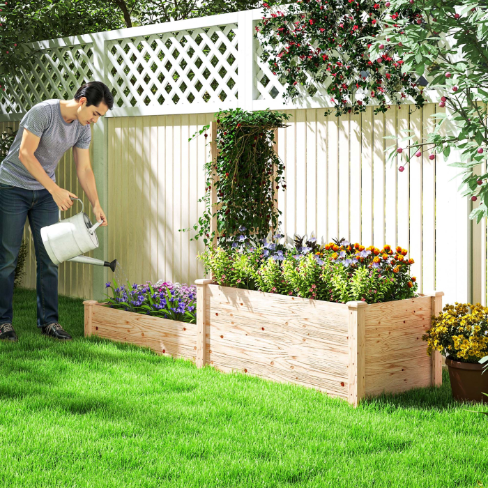  Pat inaltat pentru Gradina cu Grilaj, Baza Deschisa si 2 Despartitoare, 222x63x132 cm, Lemn Natural [8]