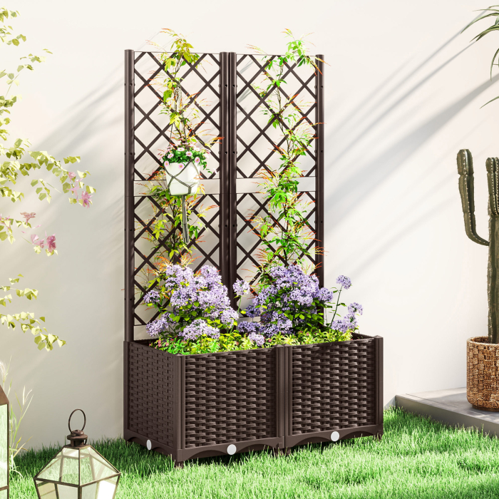  Pat inaltat pentru Gradina cu Spalier si 6 Orificii de Drenaj, 80x40x135 cm, Maro [2]