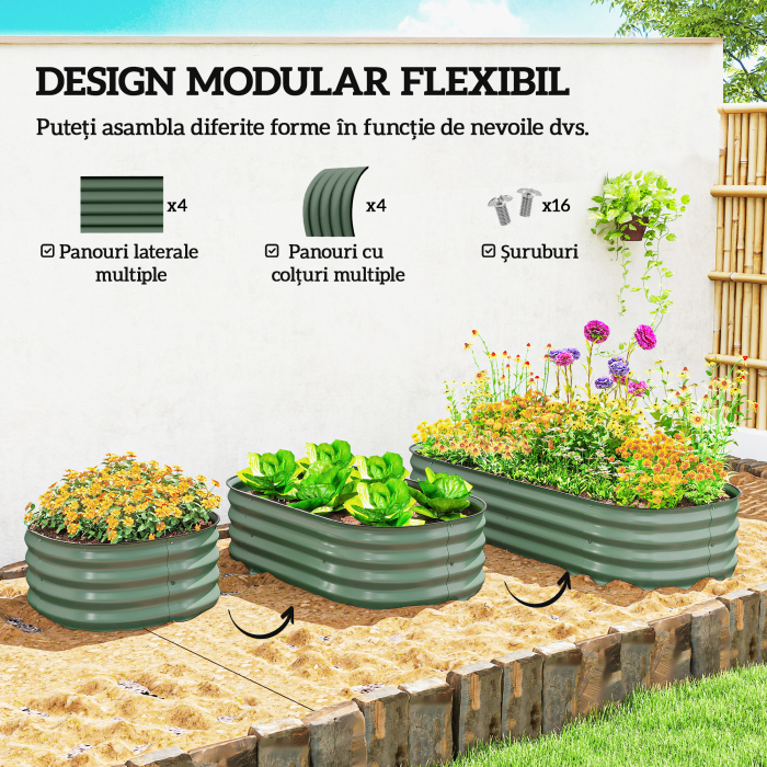  Pat modular pentru gradina inaltata 150x62x30cm din otel galvanizat cu baza deschisa, verde [4]