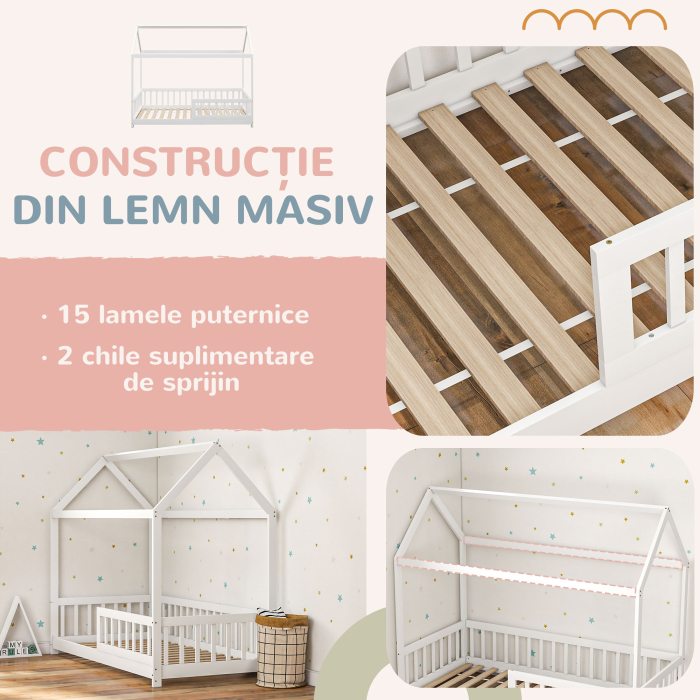  Pat Montessori pentru Copii in Forma de Casuta cu 15 sipci si Bariere de Protectie, 96x195x165 cm, Alb [7]