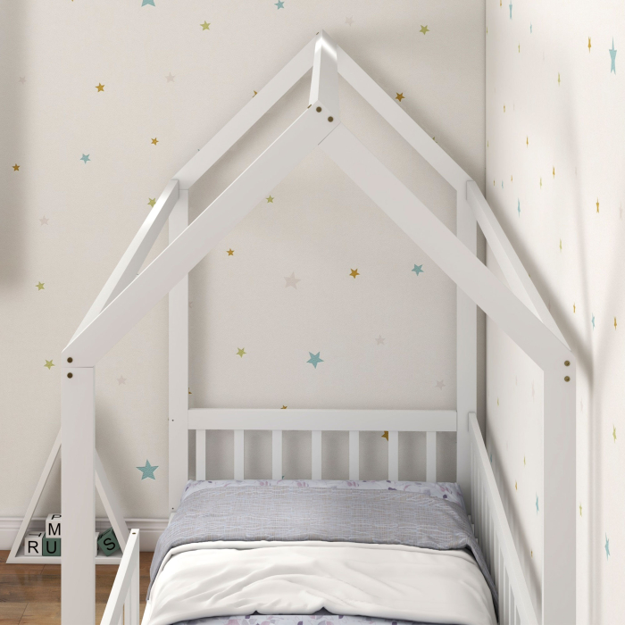  Pat Montessori pentru Copii in Forma de Casuta cu 15 sipci si Bariere de Protectie, 96x195x165 cm, Alb [9]