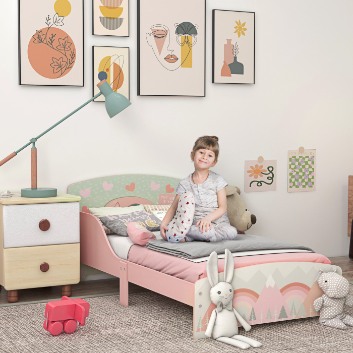  Pat pentru Copii 3-6 Ani cu Margini inaltate si Model cu Animale, 77x143x60 cm, Roz [2]