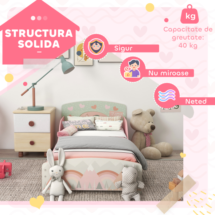  Pat pentru Copii 3-6 Ani cu Margini inaltate si Model cu Animale, 77x143x60 cm, Roz [6]