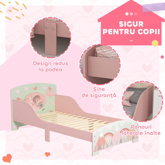  Pat pentru Copii 3-6 Ani cu Margini inaltate si Model cu Animale, 77x143x60 cm, Roz [5]