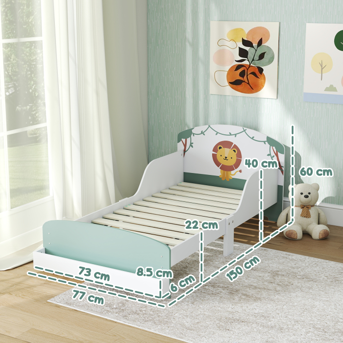  Pat pentru Copii 3-8 Ani din Lemn cu Spatiu de Depozitare si Bariere Laterale, 150x77x60 cm, Verde [3]