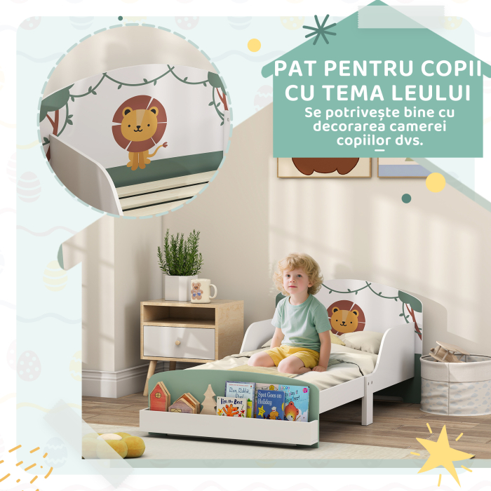  Pat pentru Copii 3-8 Ani din Lemn cu Spatiu de Depozitare si Bariere Laterale, 150x77x60 cm, Verde [5]