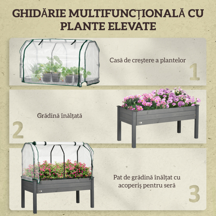 Pat pentru Gradina Ridicat cu Acoperis din PE, Jardiniera Ridicata din Brad cu 4 Gauri de Drenaj, pentru Flori si Legume, pentru Gradina, Balcon, 121x55x117 cm, Gri inchis [6]