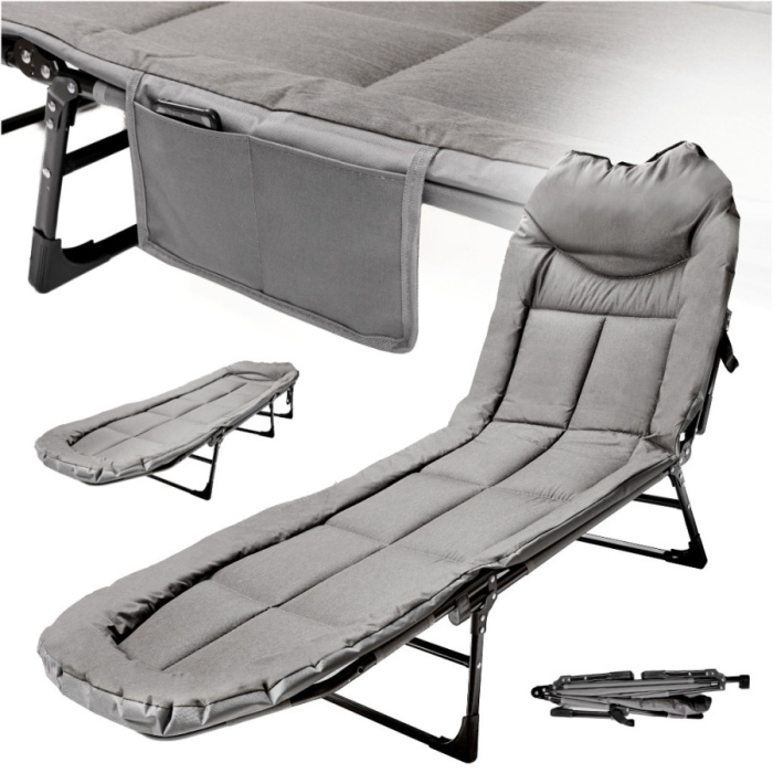 Pat pliabil camping cu saltea, reglabil 5 pozitii, cadru otel, maxim 100 kg, 200x64x30 cm, gri [3]