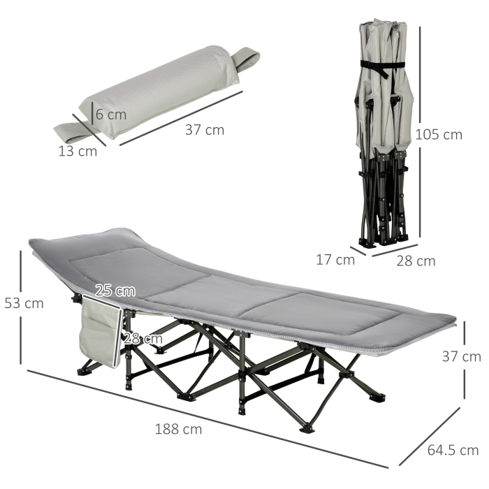  Pat Pliabil pentru Camping cu Buzunare de Depozitare si Geanta de Transport, Pat pentru Camping, 188x64.5x53 cm, Gri [3]