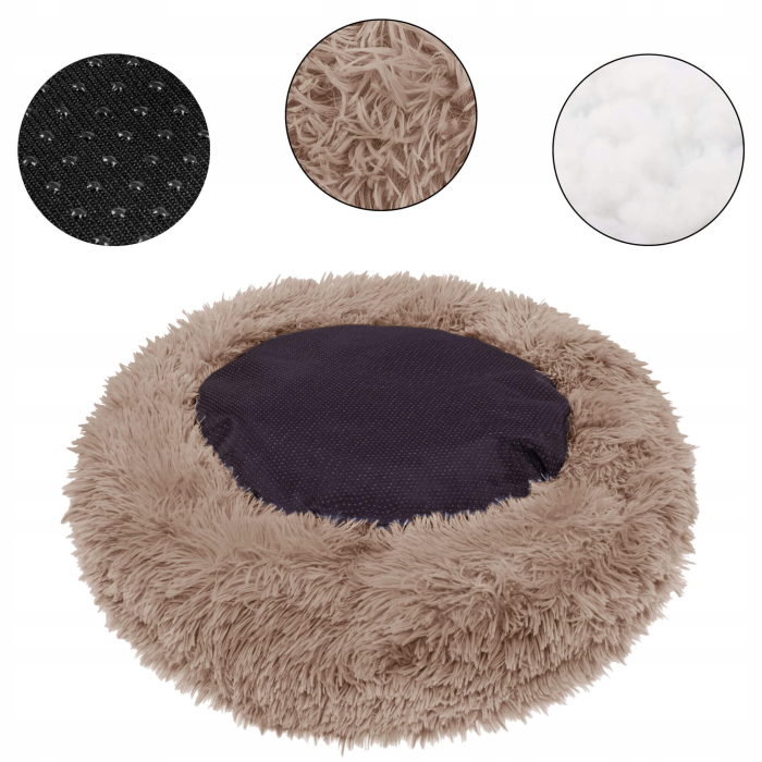 Pat pufos caini pisici husa detasabila lavabila rotund, 80 cm diametru, anti-alunecare, maro deschis [7]