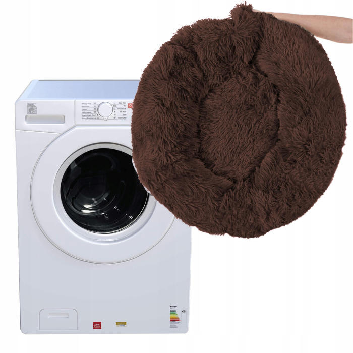 Pat pufos caini pisici husa detasabila lavabila rotund, 80 cm diametru, anti-alunecare, maro [10]