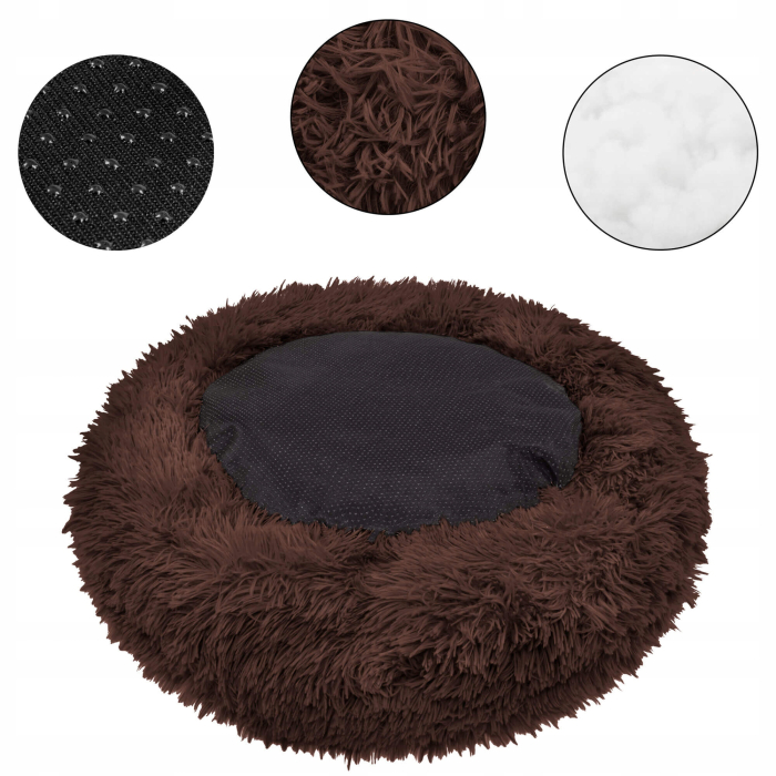Pat pufos caini pisici husa detasabila lavabila rotund, 80 cm diametru, anti-alunecare, maro [4]