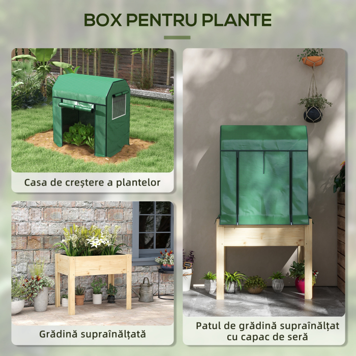  Patura inaltata pentru gradina cu acoperire din PE verde si structura din lemn, 80x60x165cm [6]