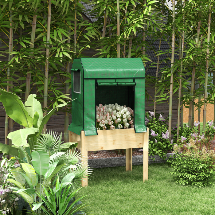  Patura inaltata pentru gradina cu acoperire din PE verde si structura din lemn, 80x60x165cm [2]