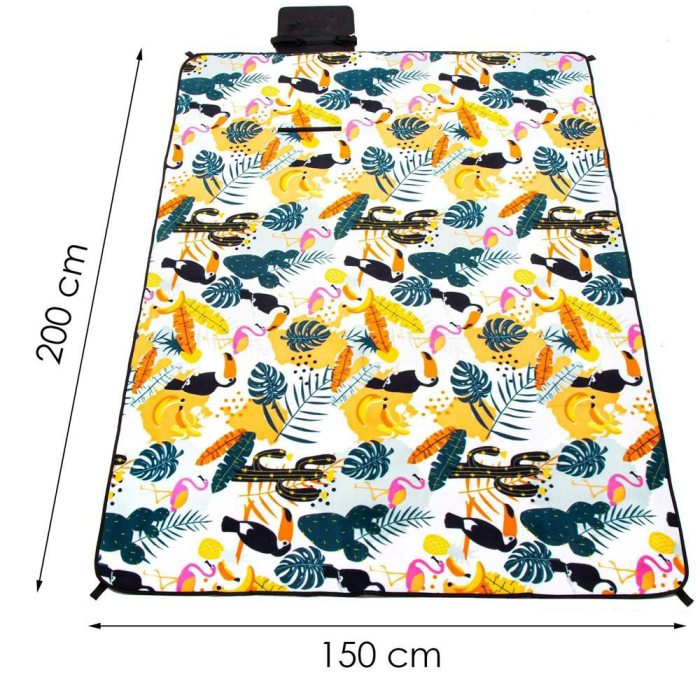 Patura pentru picnic sau plaja, cu folie izolatoare si maner, 150x200cm, model tropical, alb verde [8]