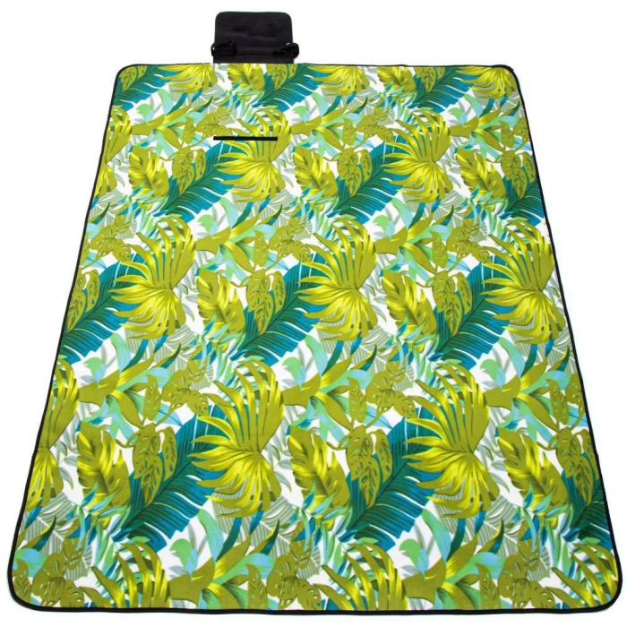 Patura pentru picnic sau plaja, cu folie izolatoare si maner, 150x200cm, model frunze, verde [12]