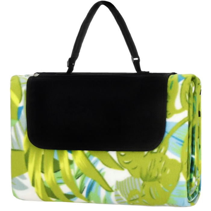 Patura pentru picnic sau plaja, cu folie izolatoare si maner, 150x200cm, model frunze, verde [2]