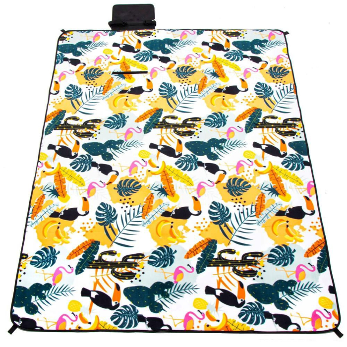Patura pentru picnic sau plaja, cu folie izolatoare si maner, 150x200cm, model tropical, alb verde [6]