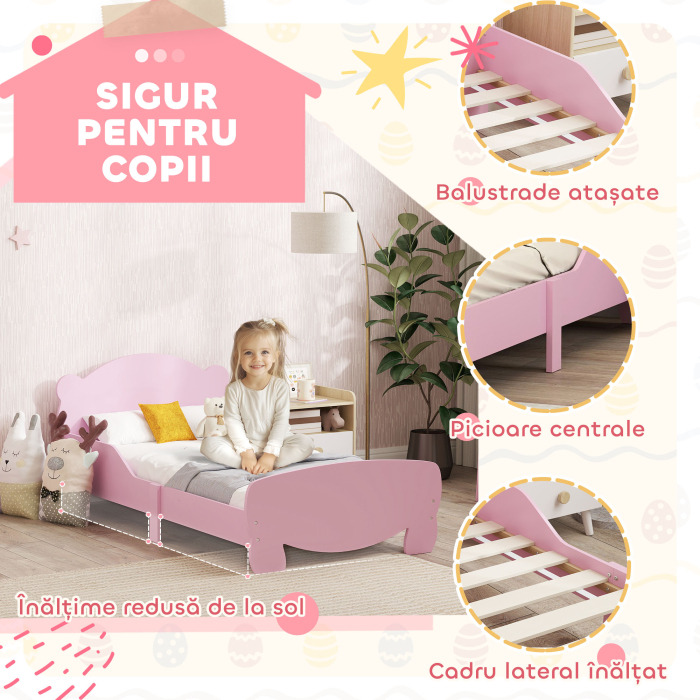  Patut pentru Copii cu Tablie si Capat in Forma de Ursulet si 2 Bare Laterale, Roz [4]