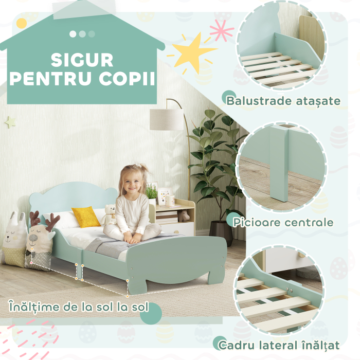  Patut pentru Copii cu Tablie si Suport in Forma de Ursulet si 2 Bare Laterale, Verde [4]