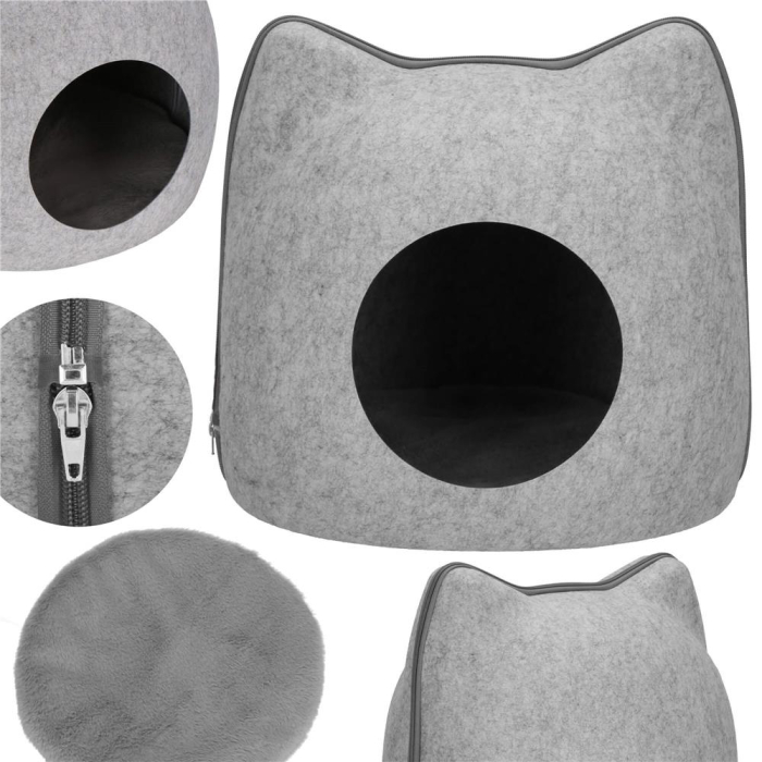 Patut pisici si caini, moale si pufos, antiderapant, perna detasabila, 38x36x36 cm, gri [4]