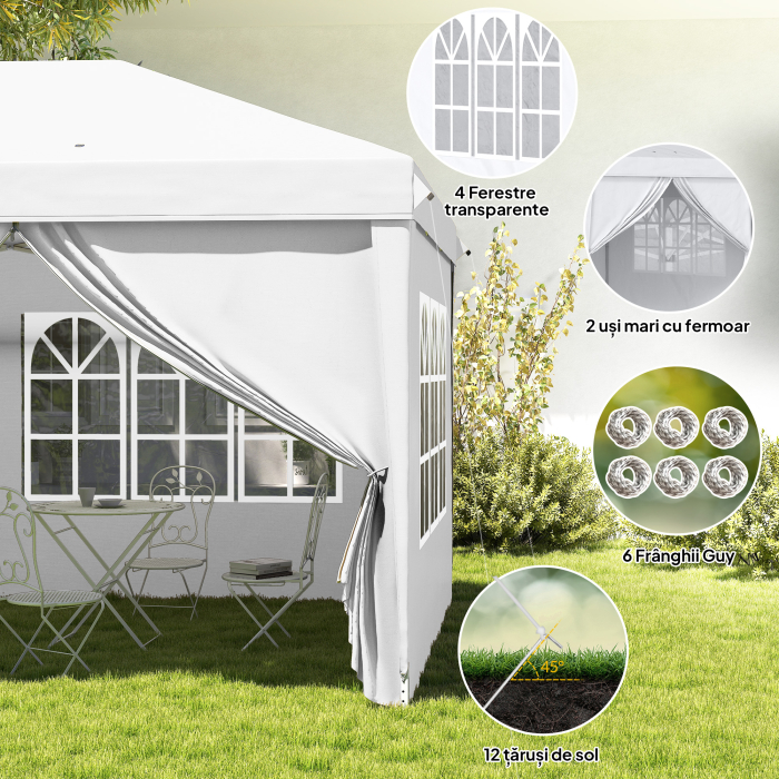  Pavilion 6x3 m pliabil de gradina cu 6 pereti laterali din otel si material Oxford, cu franghii si tarusi, alb [8]