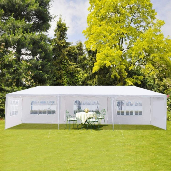 Pavilion de gradina 300x900 cm, 8 pereti detasabili cu ferestre si usa, structura metalica, PE impermeabil, alb [3]